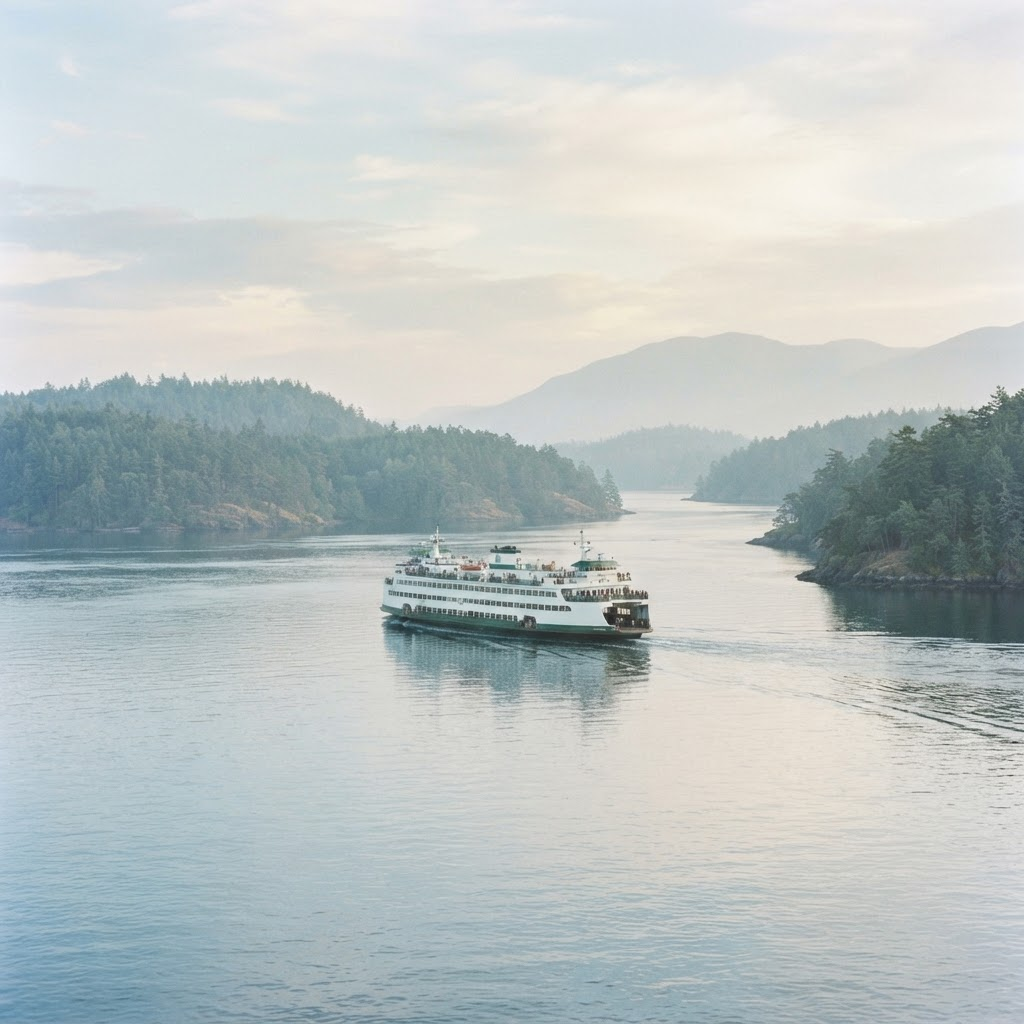 A Washington State ferry crossing calm water among the forested San Juan Islands